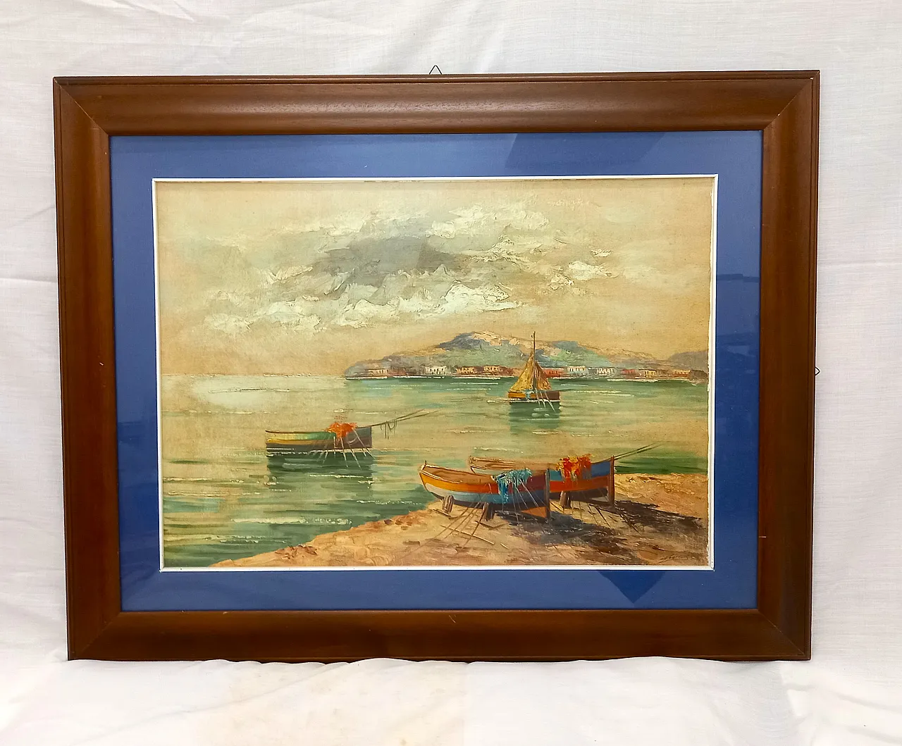 Oil painting on canvas of the Gulf of Naples Marina with boats 1