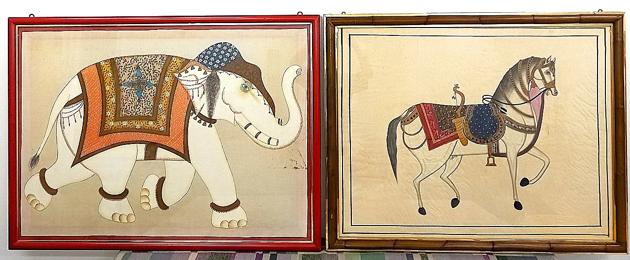 Pair of Silk Paintings – Indian Ceremonial Elephant and Horse 1