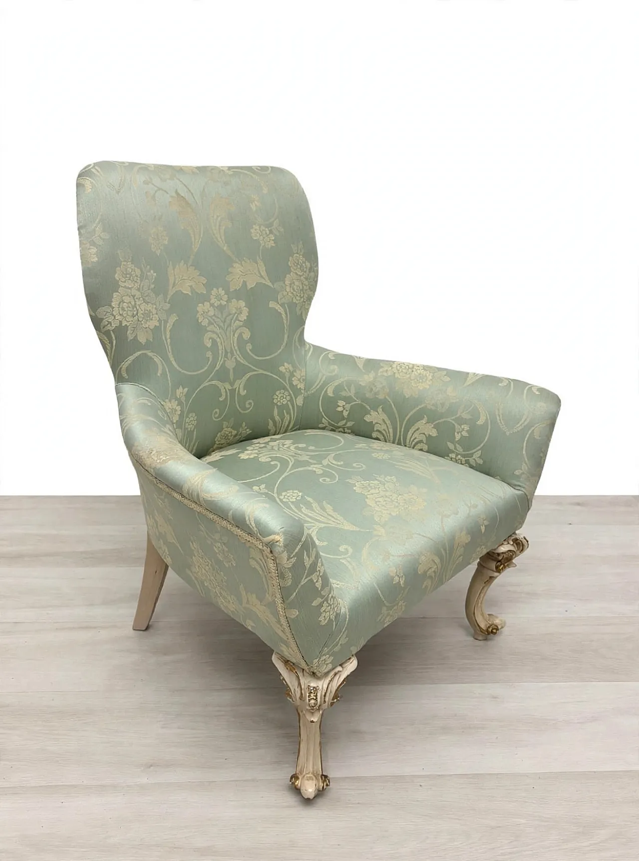 Armchair in damask fabric and light wood, 1960s 1