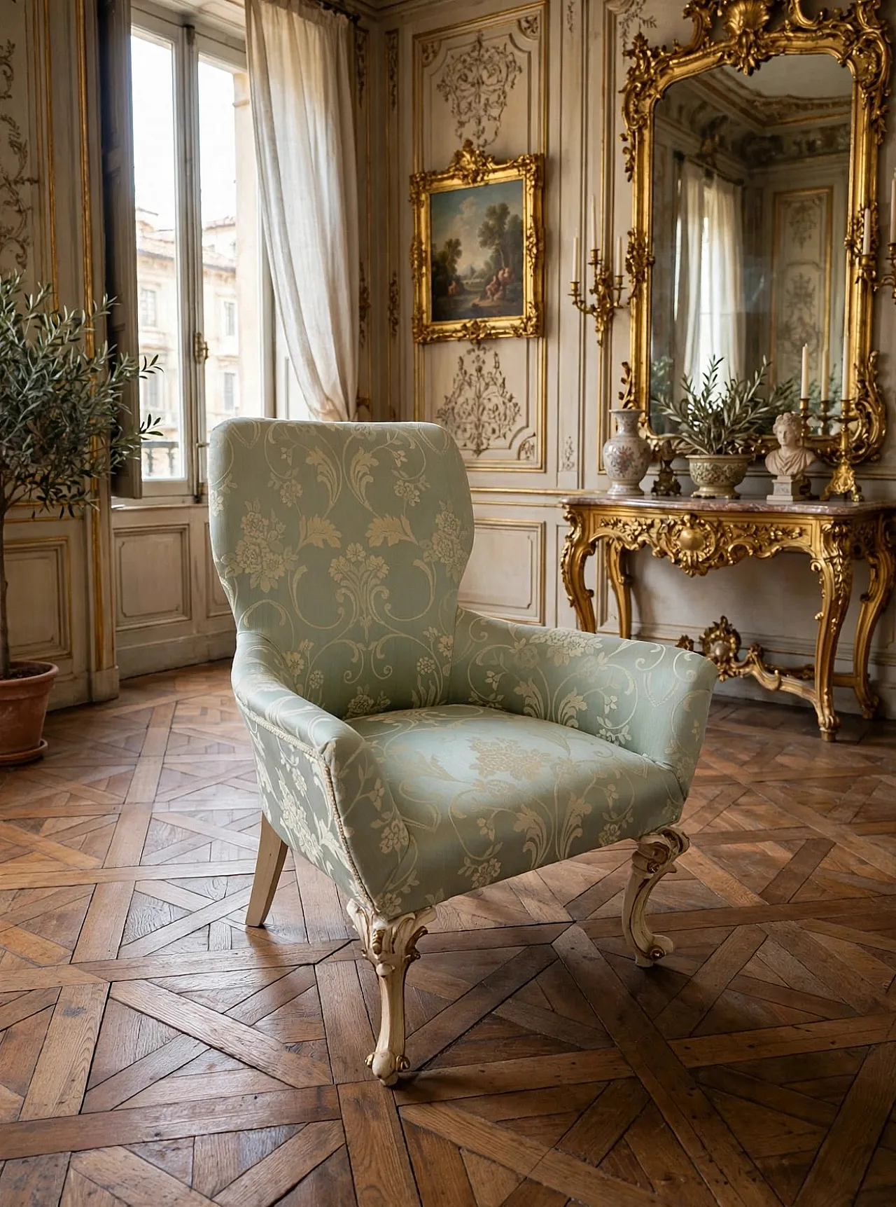Armchair in damask fabric and light wood, 1960s 2