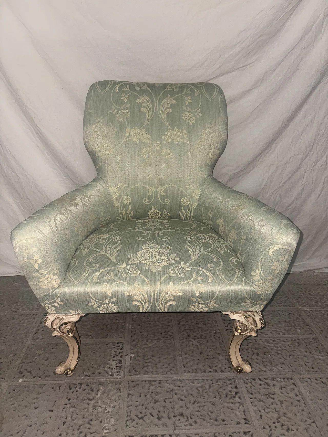 Armchair in damask fabric and light wood, 1960s 4