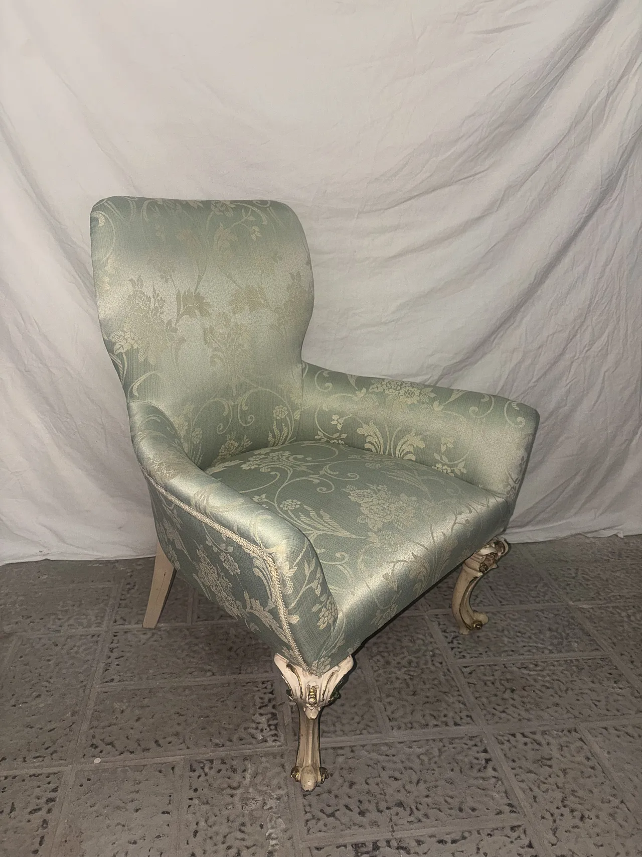 Armchair in damask fabric and light wood, 1960s 5