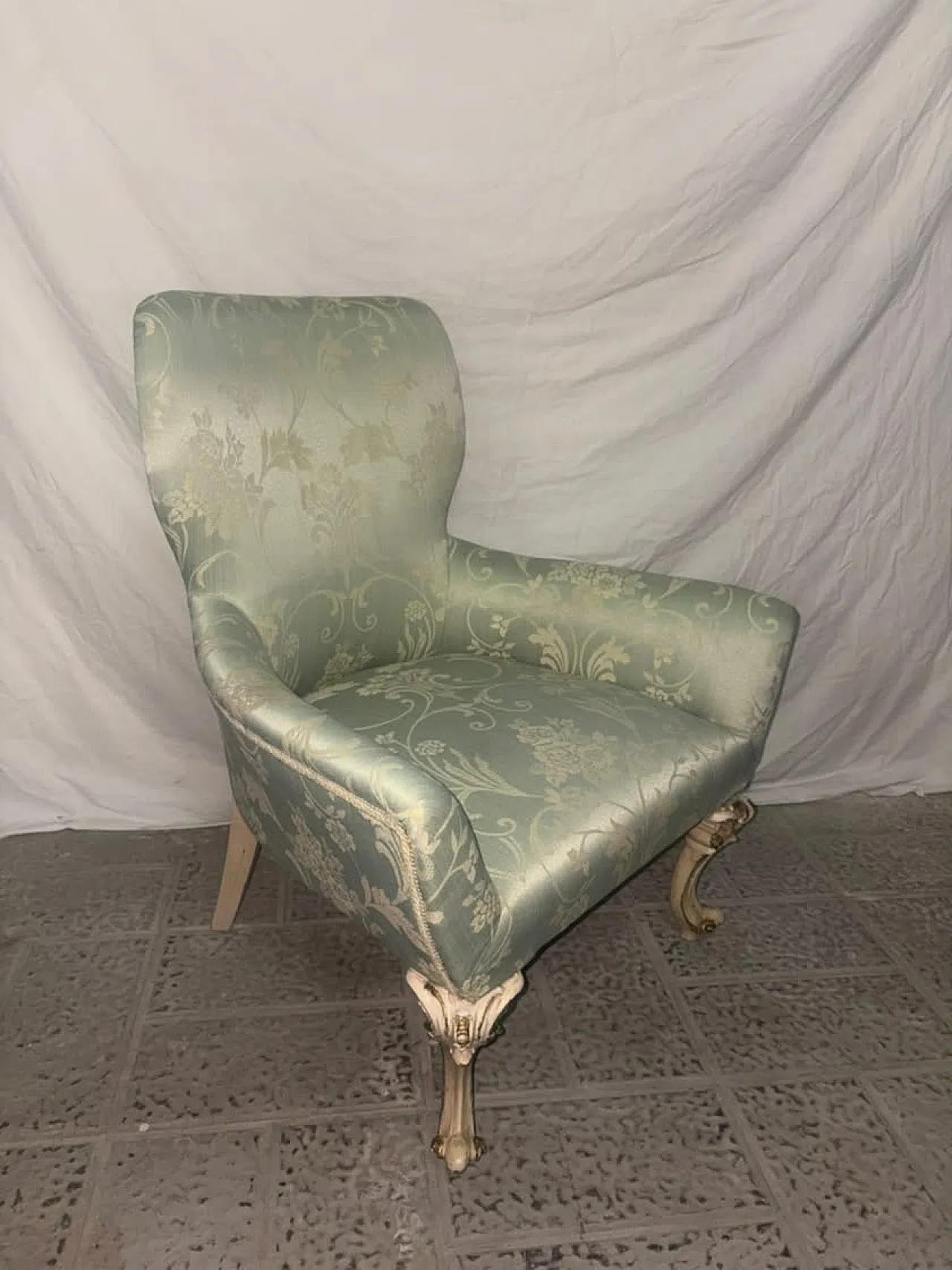 Armchair in damask fabric and light wood, 1960s 7