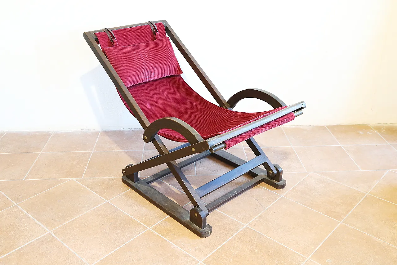 Rocking hammock armchair in beech and red velvet, 1940s 3