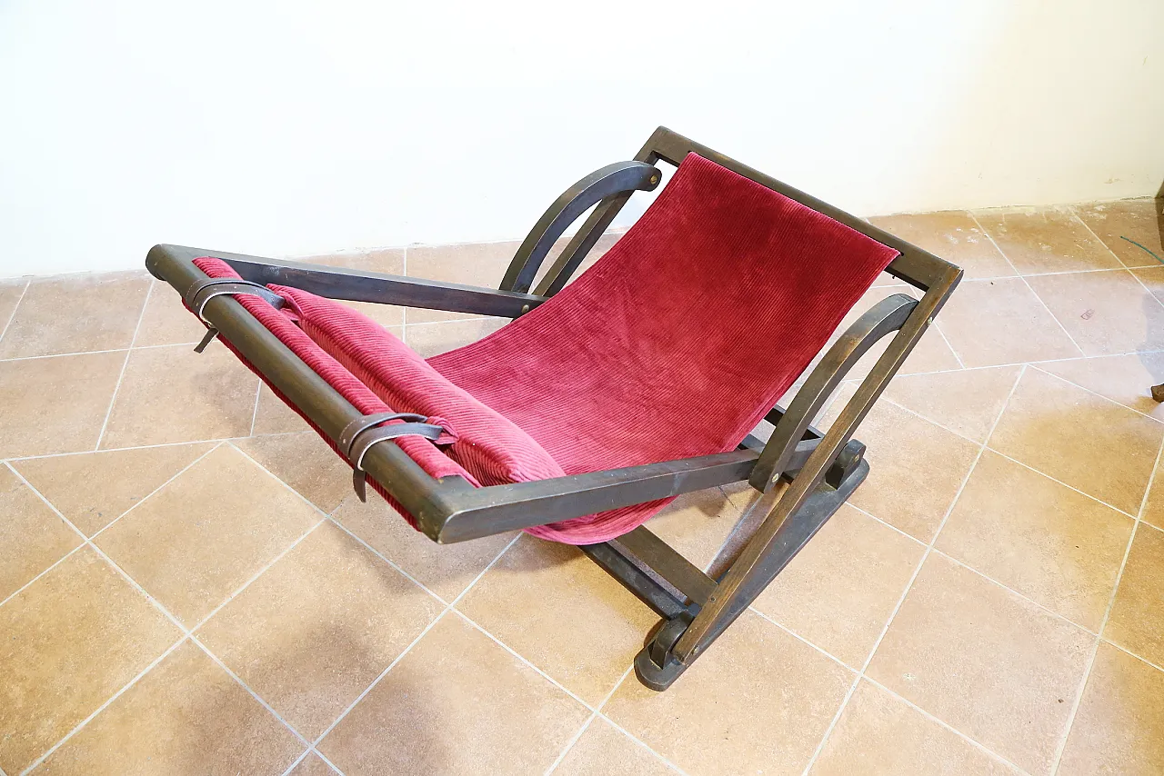 Rocking hammock armchair in beech and red velvet, 1940s 8