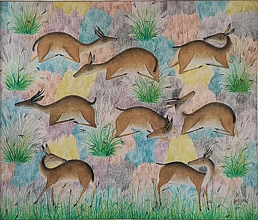 Quadro di PILI Pili MULONGOY ZAIRE Antilopi in corsa 85x100 anni '80