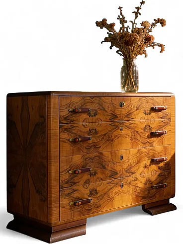 Italian art deco burl walnut chest of drawers, 1940s
