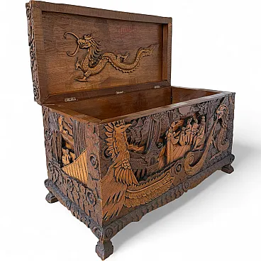 Antique Chinese Carved Export Chest – Dragon, Phoenix & Landscape Deco