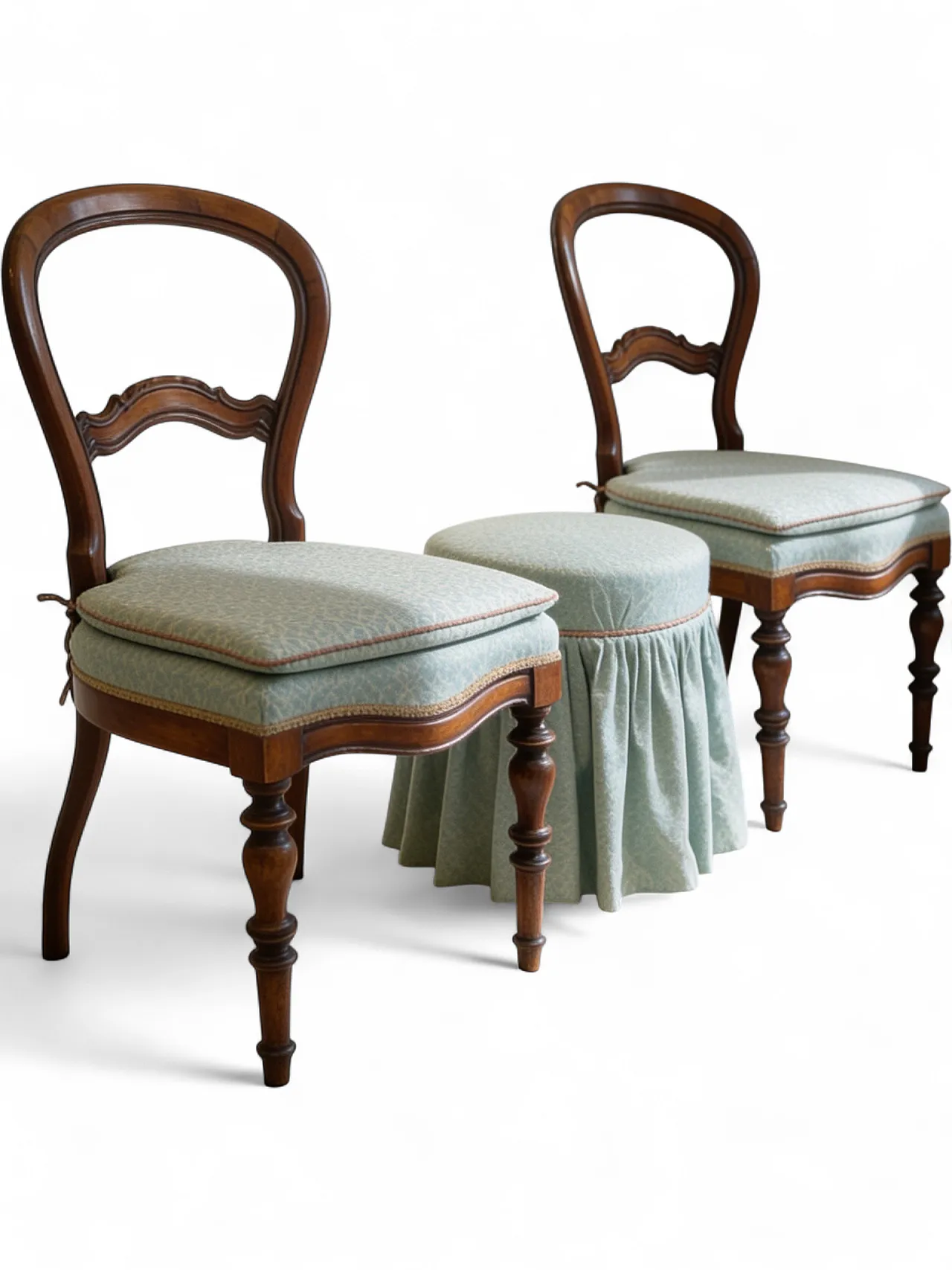 Antique Victorian era ballon back chairs and stool, mid 19th century. 41