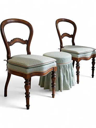 Antique Victorian era ballon back chairs and stool, mid 19th century.
