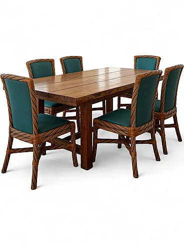 six vintage bamboo and rattan dining chairs