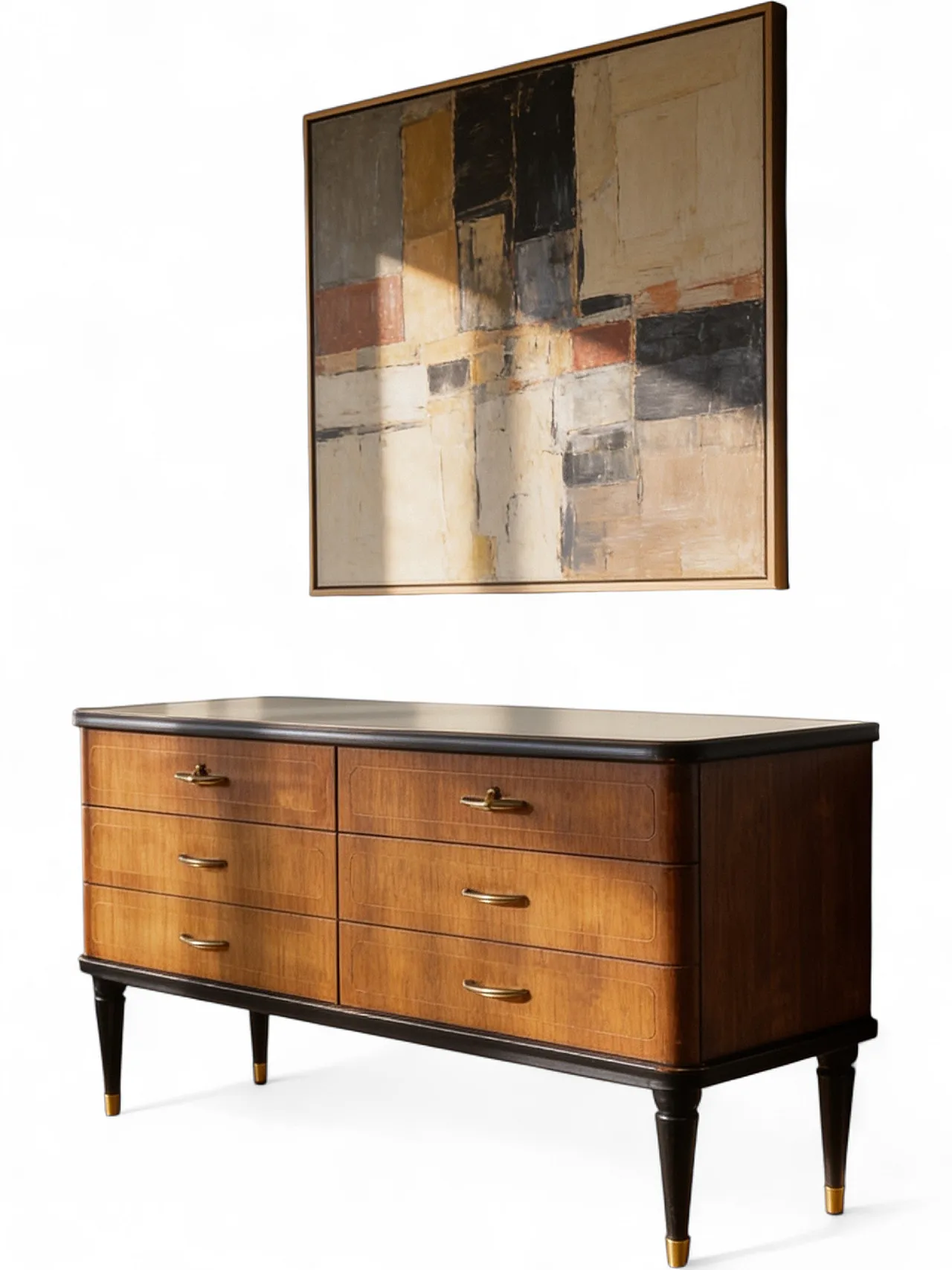 Veneered mahogany chest of drawers with green glass top, 1950s. 49