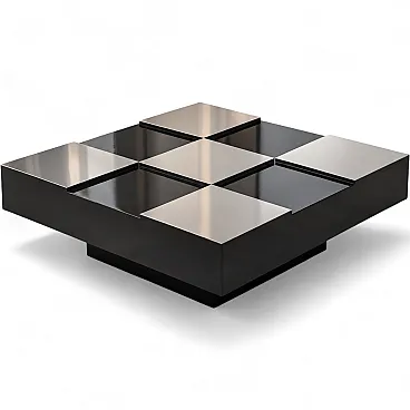 Black and Steel Square Coffee Table in the Style of Willy Rizzo
