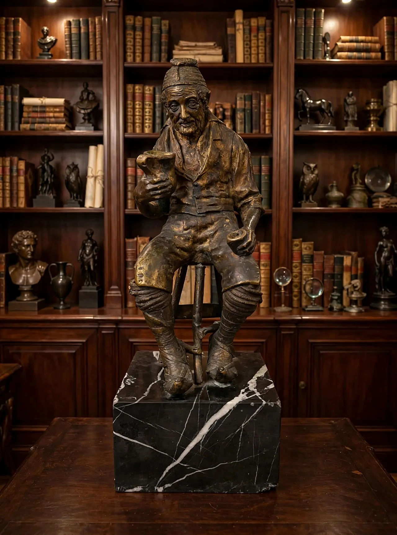 Pasquale Fosca, The Drinker, sculpture, bronze and marble, late 19th century 2