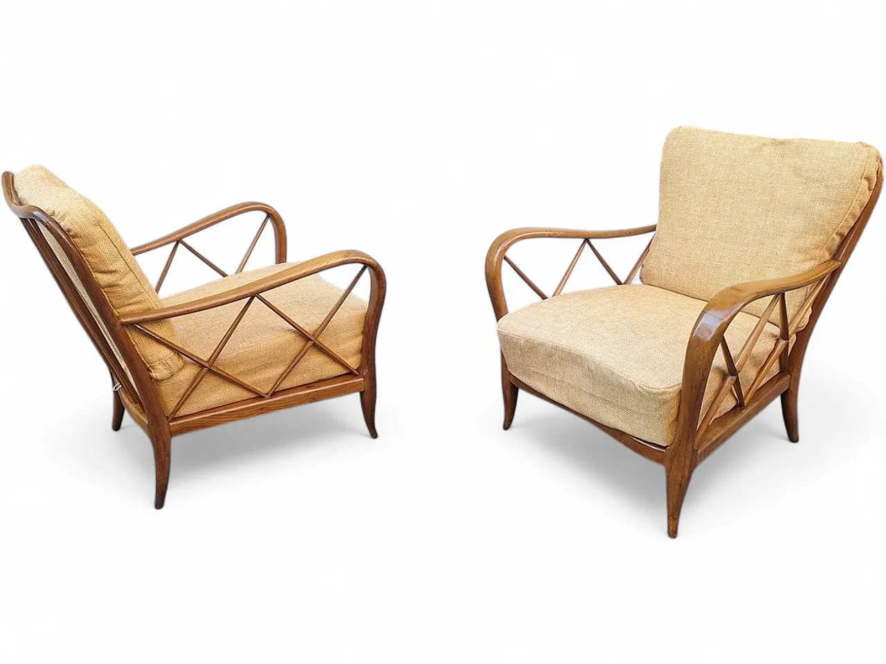 Par of armchairs in wood and yellow fabric from Paolo Buffa, 1940s 13
