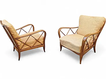 Par of armchairs in wood and yellow fabric from Paolo Buffa, 1940s