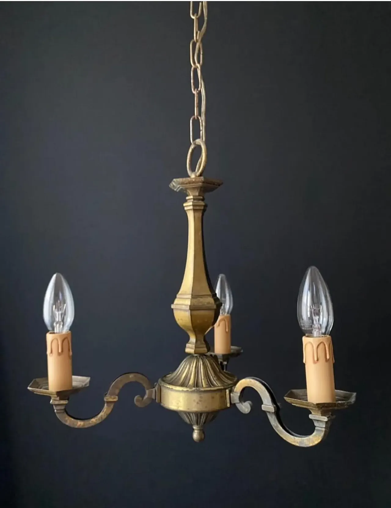 3-Arms brass chandelier, 1970s 1