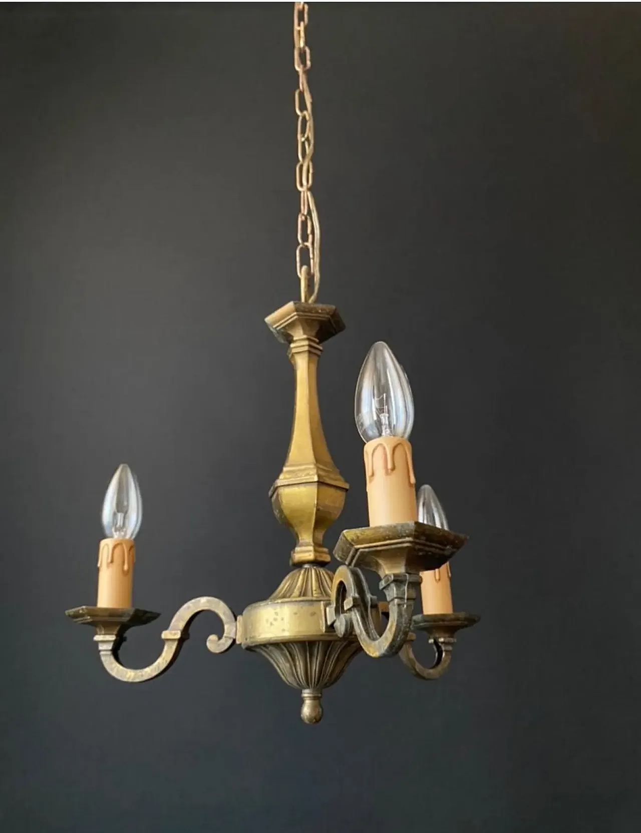 3-Arms brass chandelier, 1970s 7