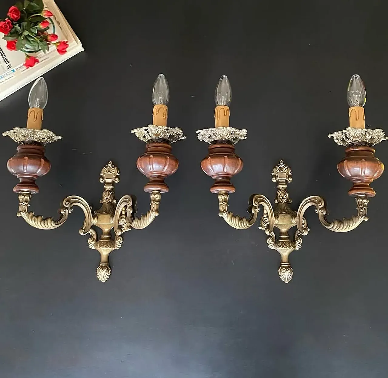 Pair of wall lights with brass and wood, 1960s 1