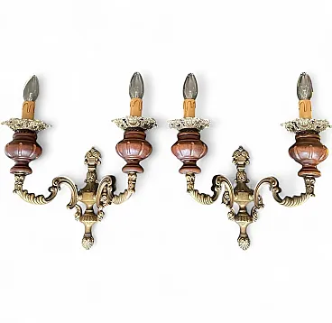 Pair of wall lights with brass and wood, 1960s