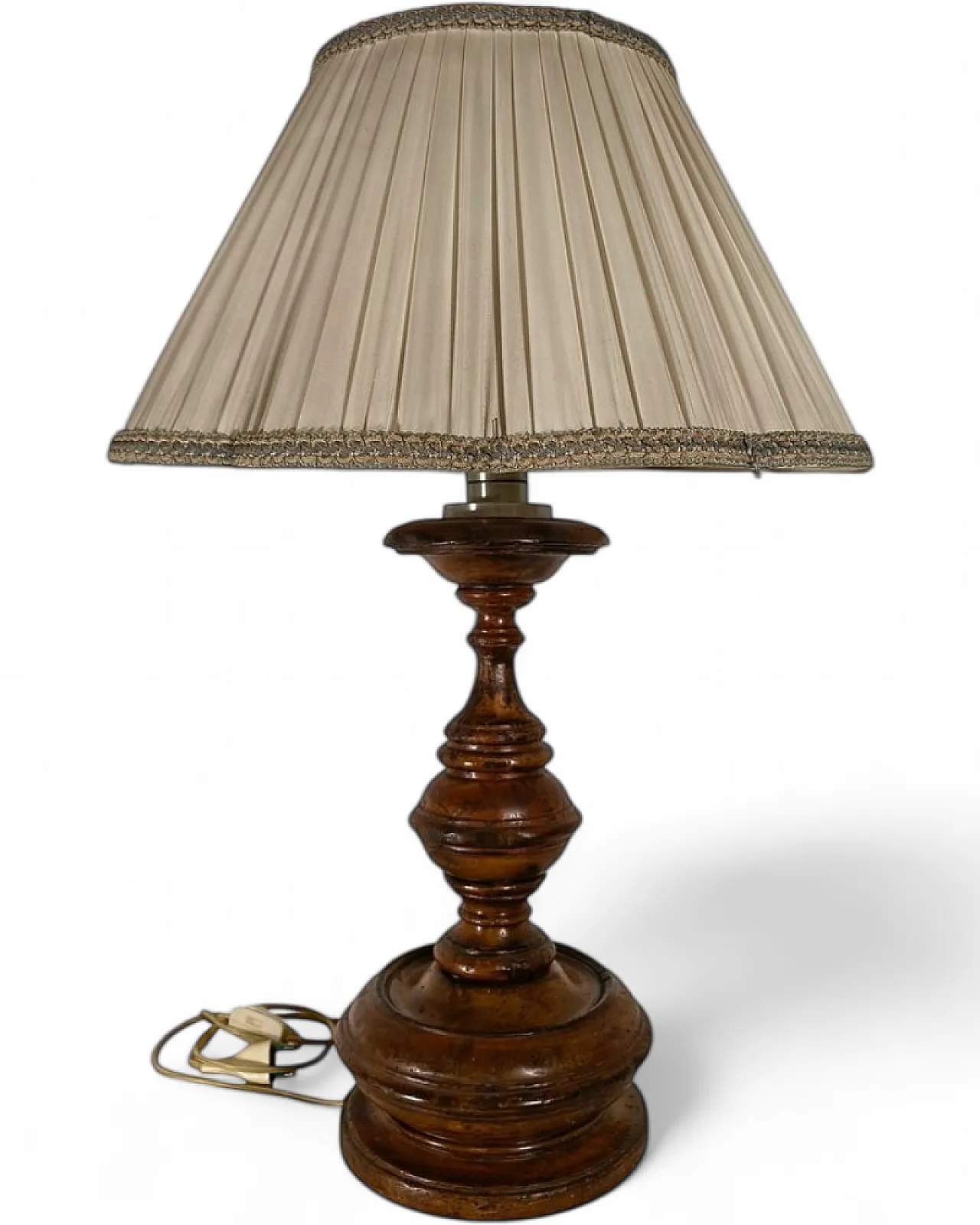 Turned wood table lamp with pleated lampshade, 1950s 7
