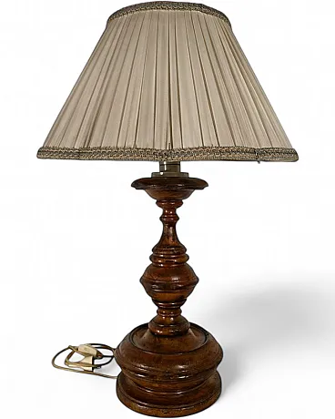 Turned wood table lamp with pleated lampshade, 1950s