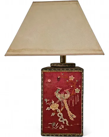 Oriental table lamp with embroidered silk panels, 1960s