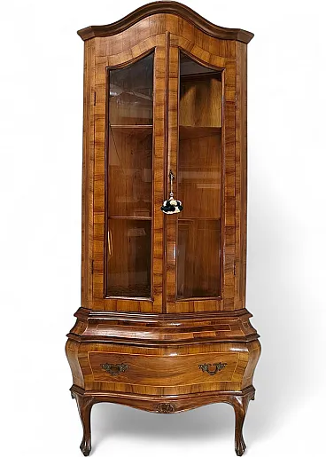 Walnut corner cabinet with inlaid wood and glass doors, 19th century