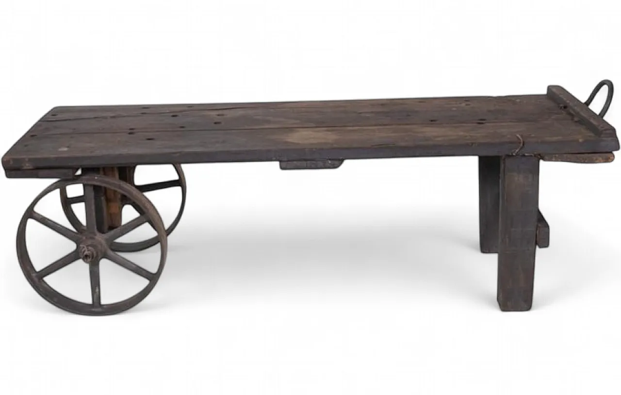 Industrial factory cart coffee table in wood and iron, 20th century 10