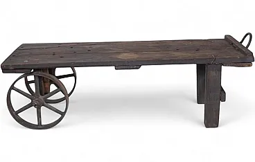 Industrial factory cart coffee table in wood and iron, 20th century