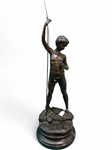 Auguste Moreau, Fisherman, ancient bronze sculpture with marble base