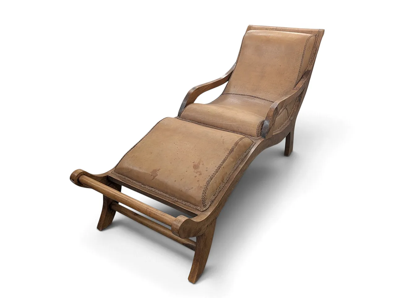 Chaise longue in solid wood and leather from the 1950s 1