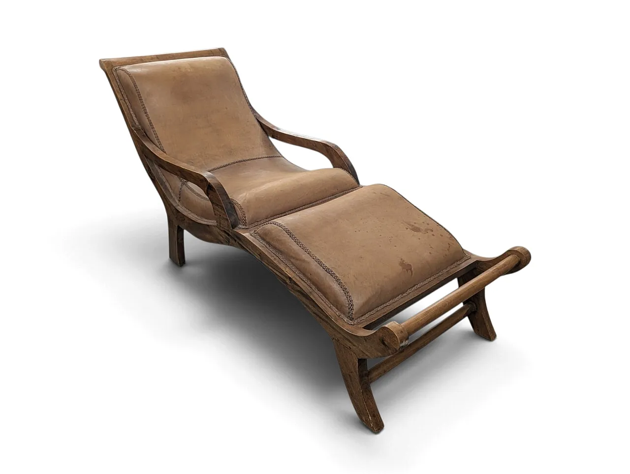Chaise longue in solid wood and leather from the 1950s 2
