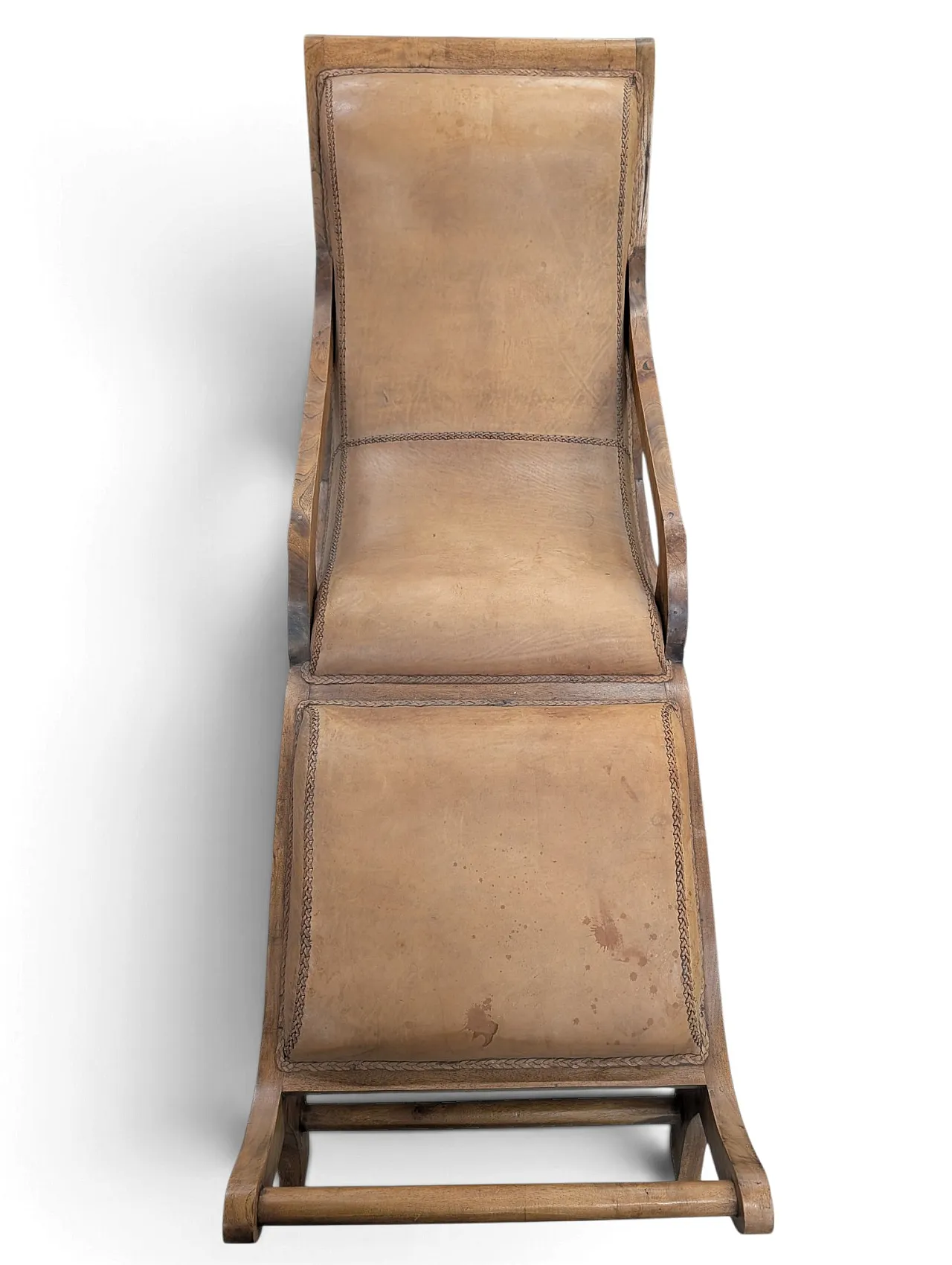 Chaise longue in solid wood and leather from the 1950s 8