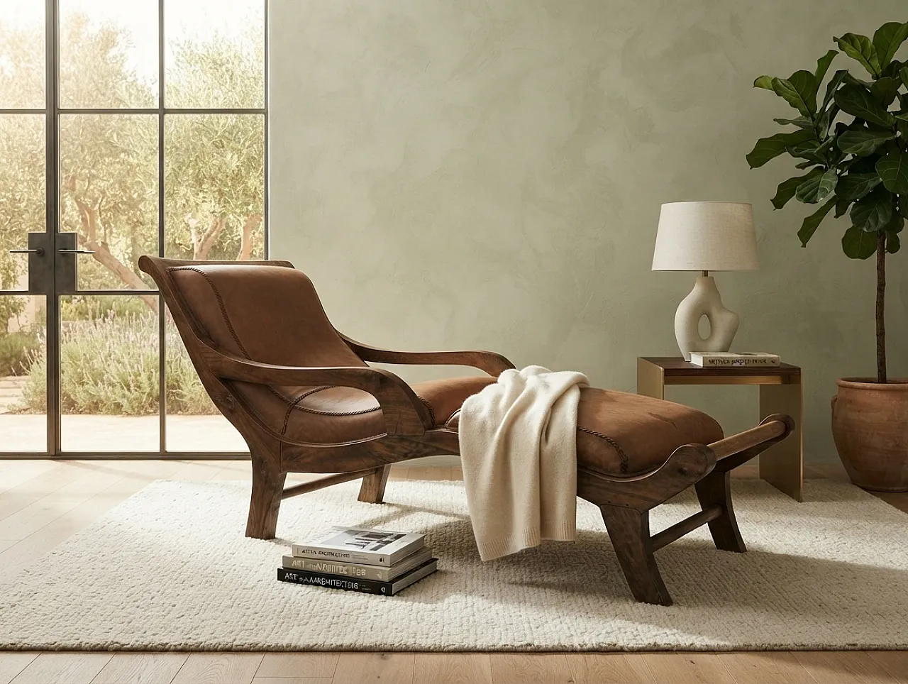 Chaise longue in solid wood and leather from the 1950s 10