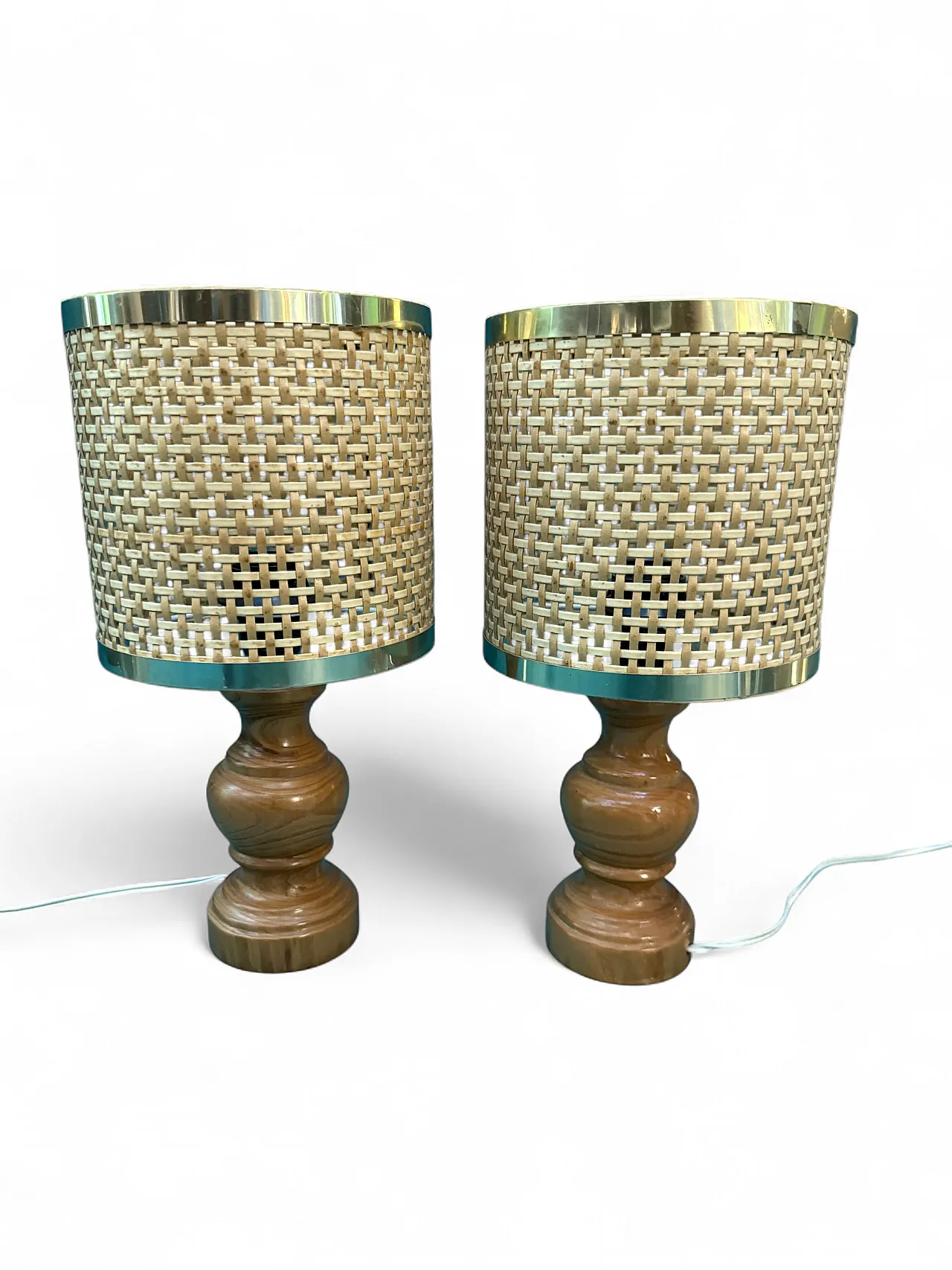 Pair of mid-century lampshades in wood, brass, and Vienna straw, 1960s 11