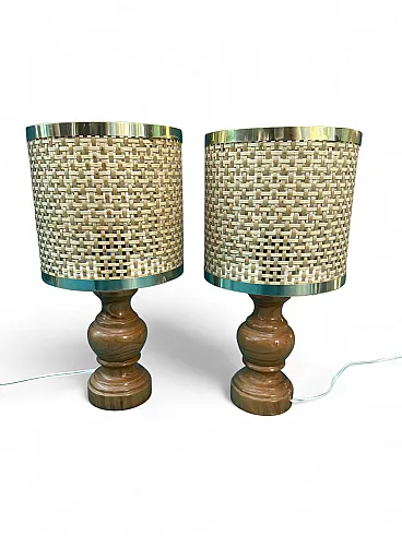 Pair of mid-century lampshades in wood, brass, and Vienna straw, 1960s