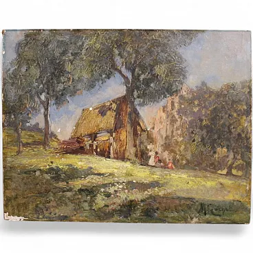 Italian painting, countryside view with characters, 20th century