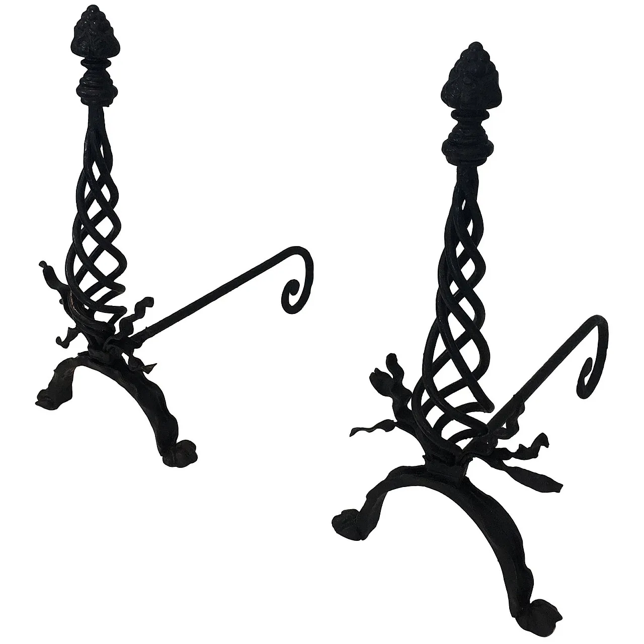 Pair of twisted wrought iron andirons with finials, French, 20s 1