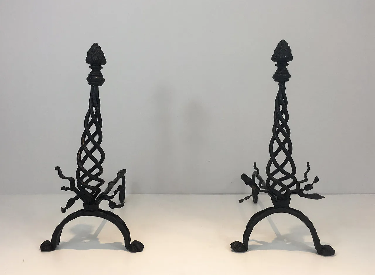 Pair of twisted wrought iron andirons with finials, French, 20s 2