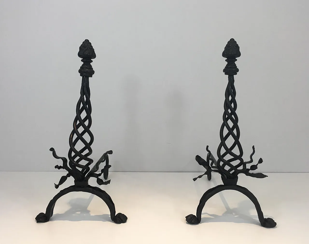 Pair of twisted wrought iron andirons with finials, French, 20s 3
