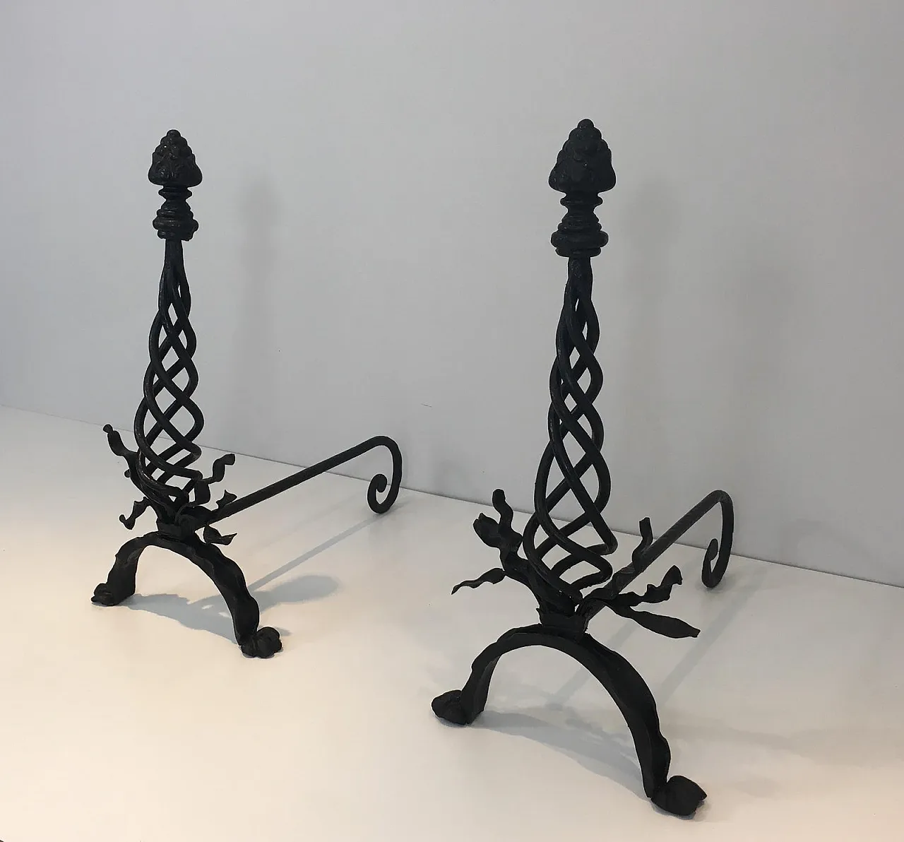 Pair of twisted wrought iron andirons with finials, French, 20s 4