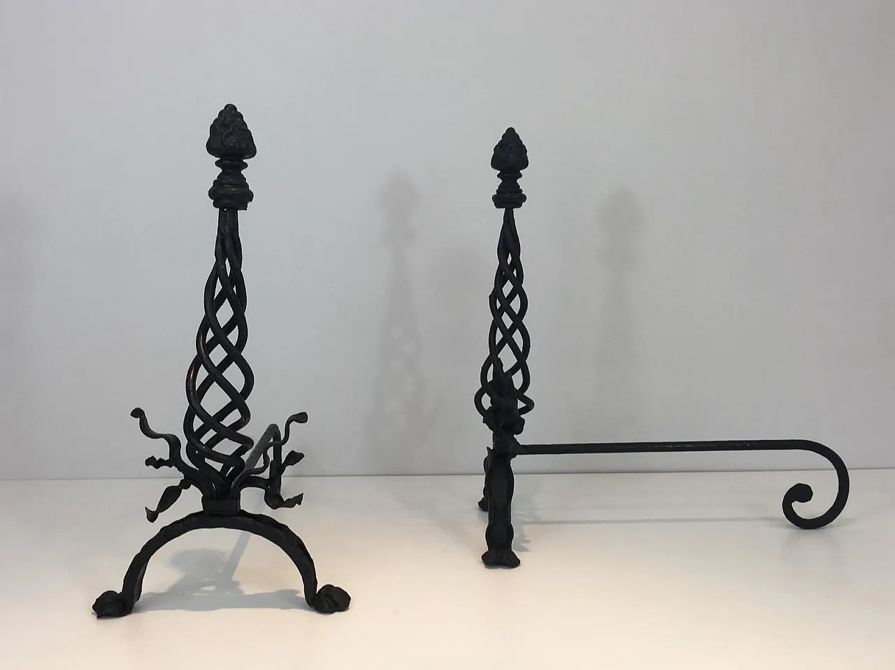 Pair of twisted wrought iron andirons with finials, French, 20s 5