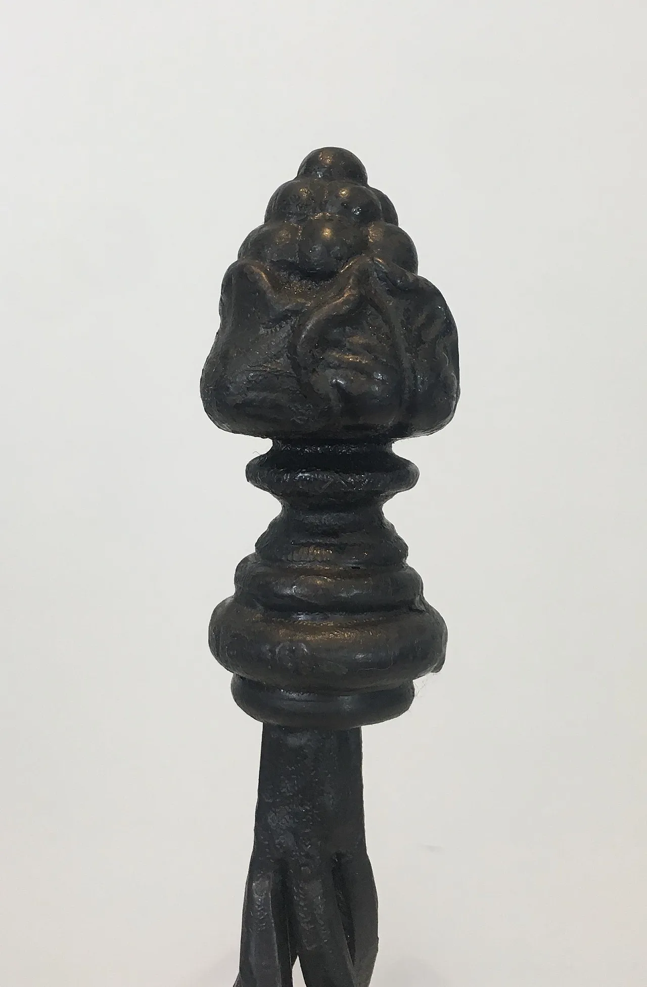 Pair of twisted wrought iron andirons with finials, French, 20s 7