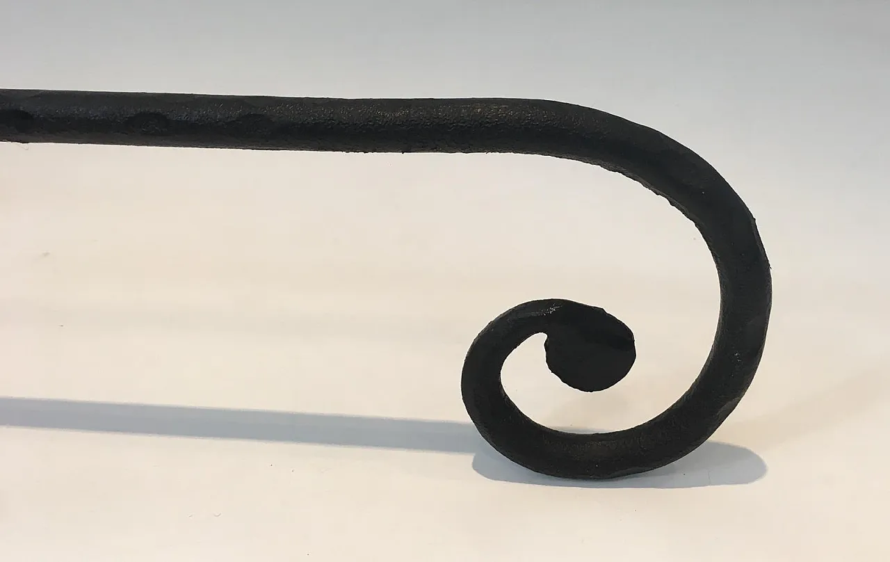 Pair of twisted wrought iron andirons with finials, French, 20s 9