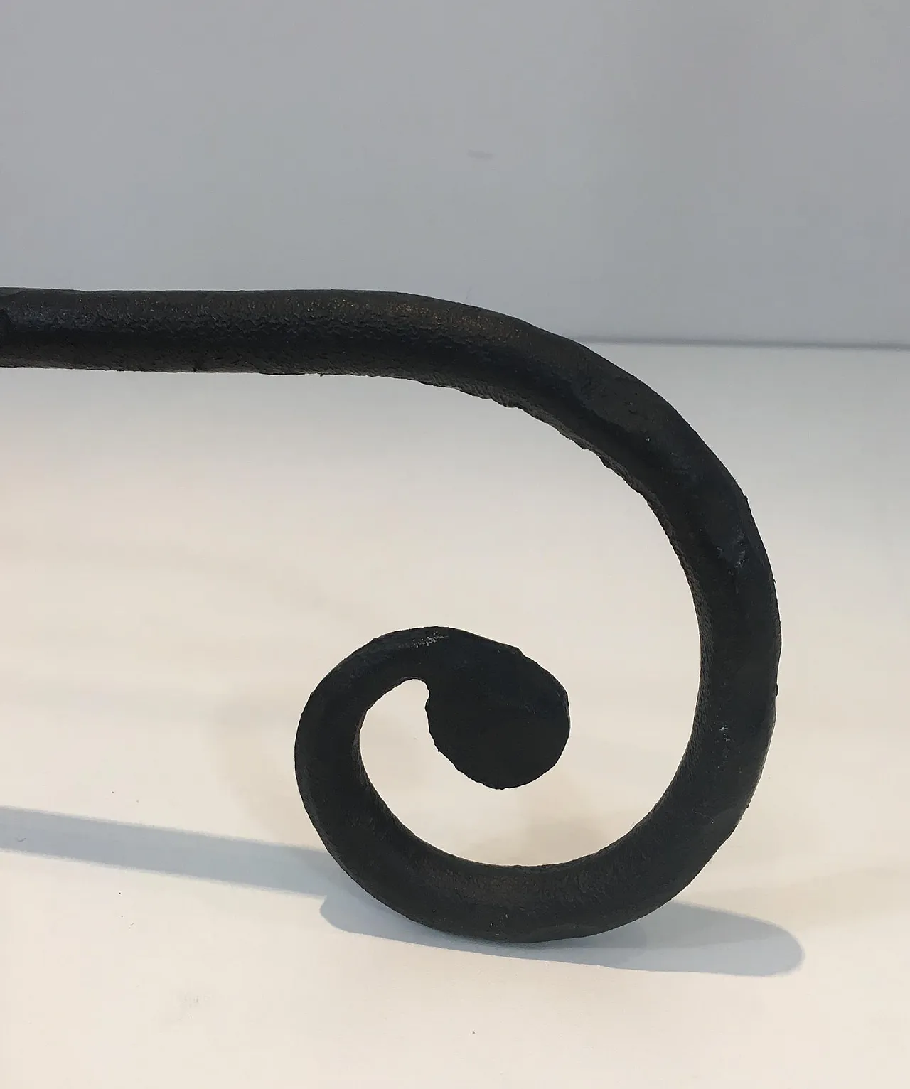 Pair of twisted wrought iron andirons with finials, French, 20s 10