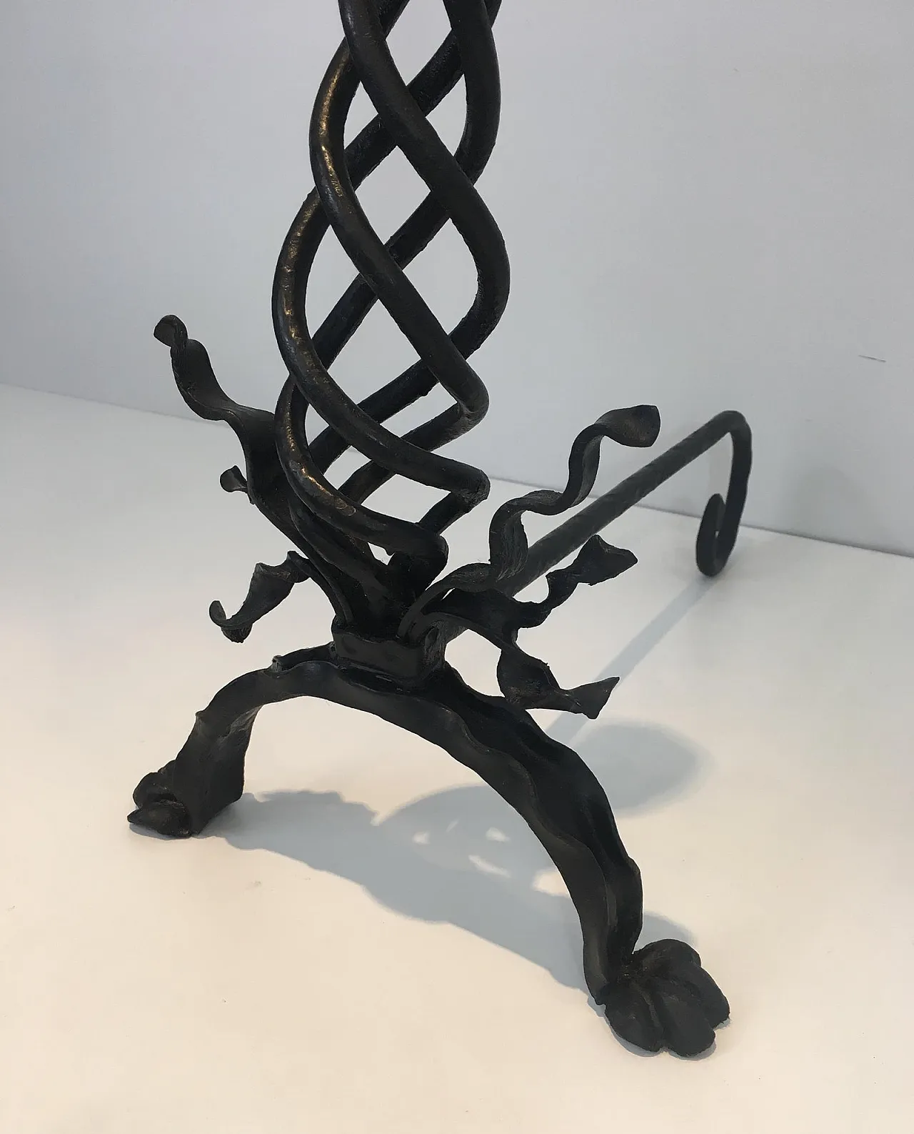 Pair of twisted wrought iron andirons with finials, French, 20s 14