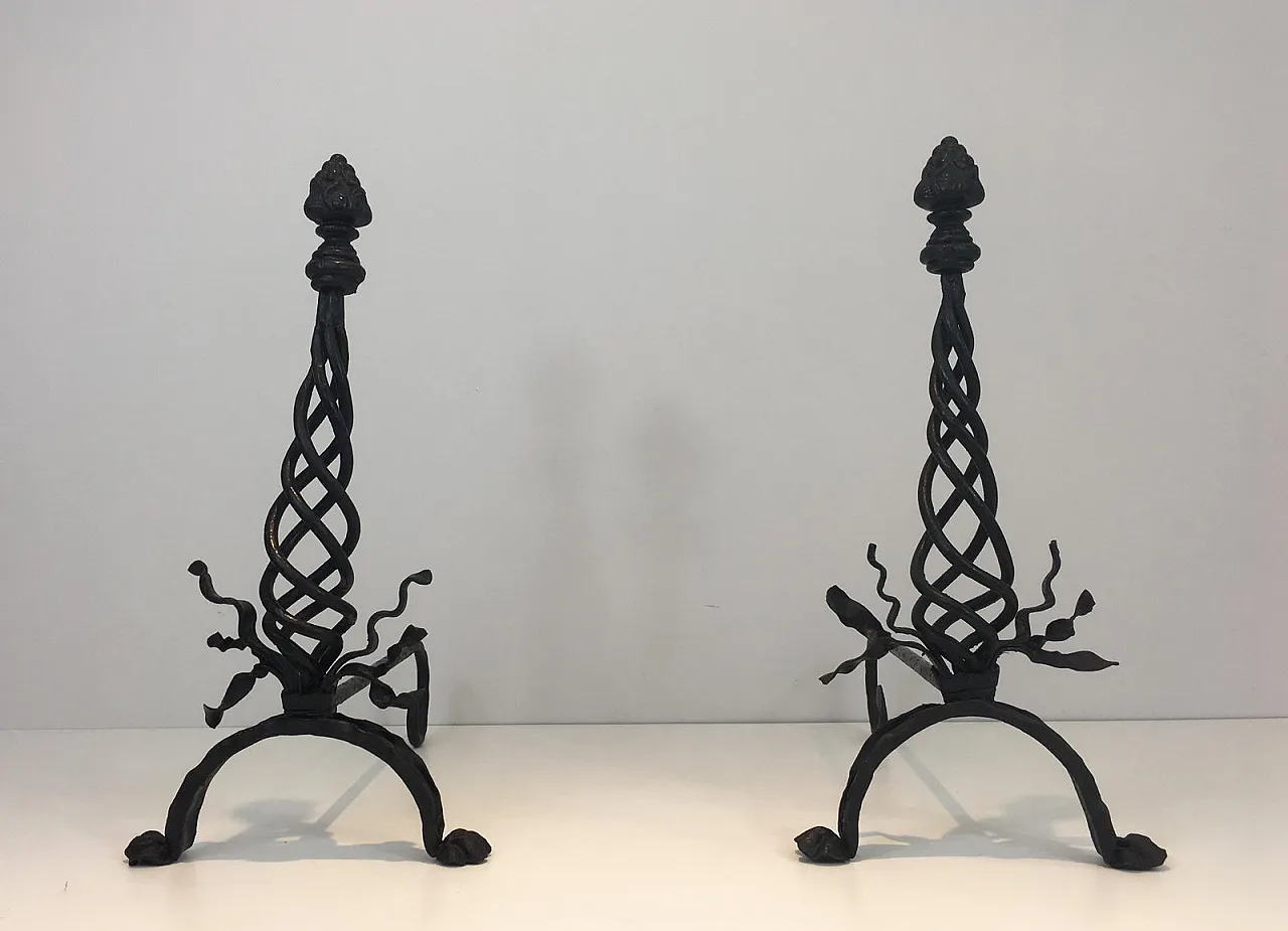 Pair of twisted wrought iron andirons with finials, French, 20s 19