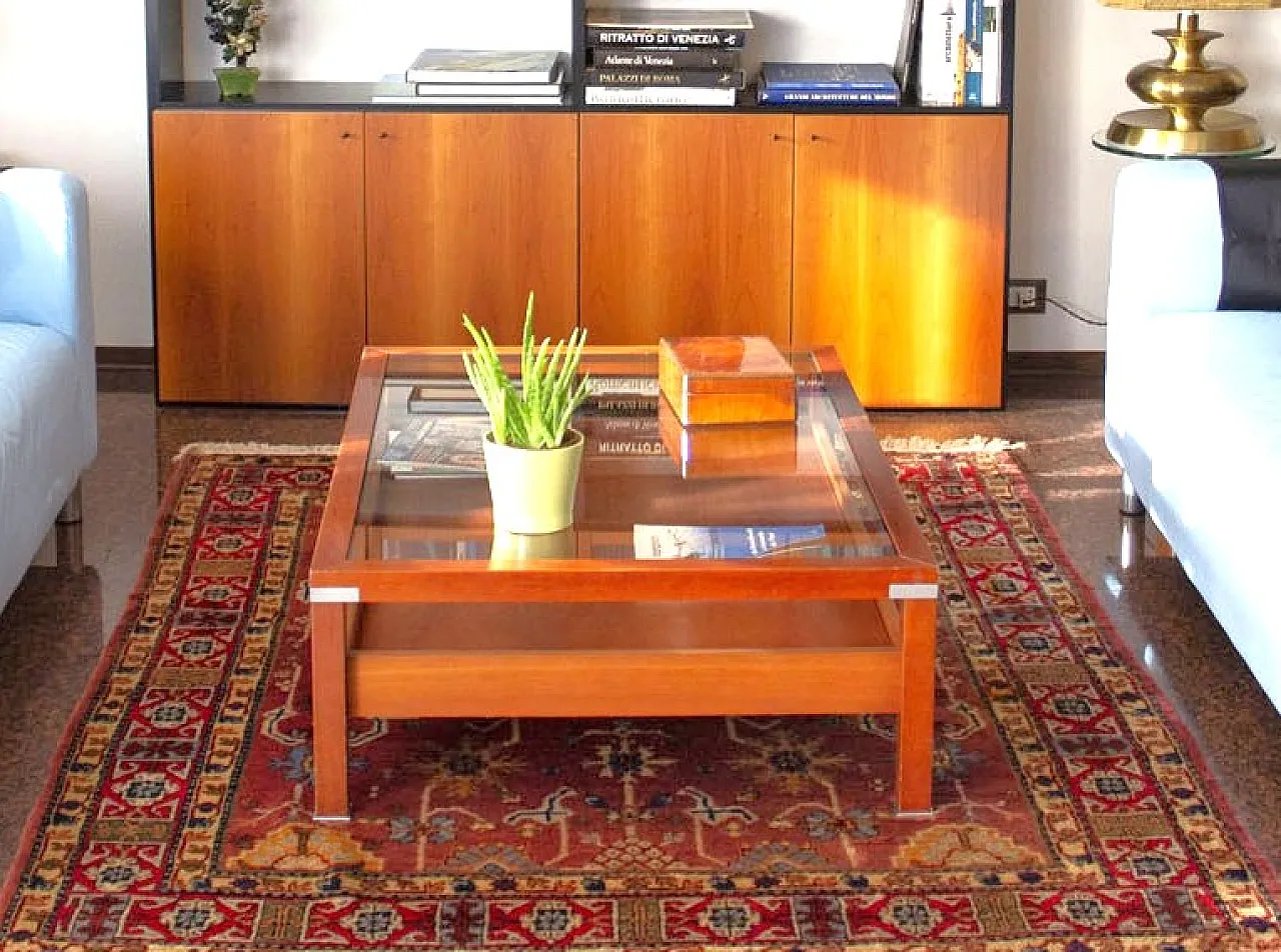 Wooden and glass coffee table with pull-out shelf – Italian design 1
