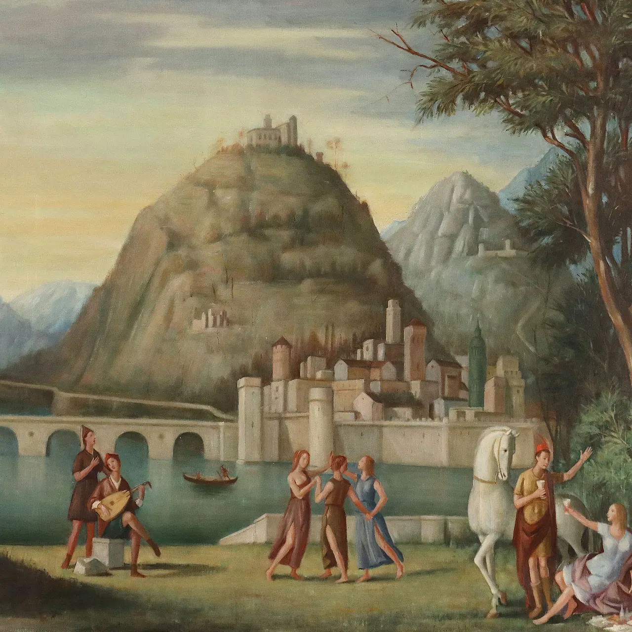 Idyllic Landscape with Figures, oil on canvas, mid-20th century 3